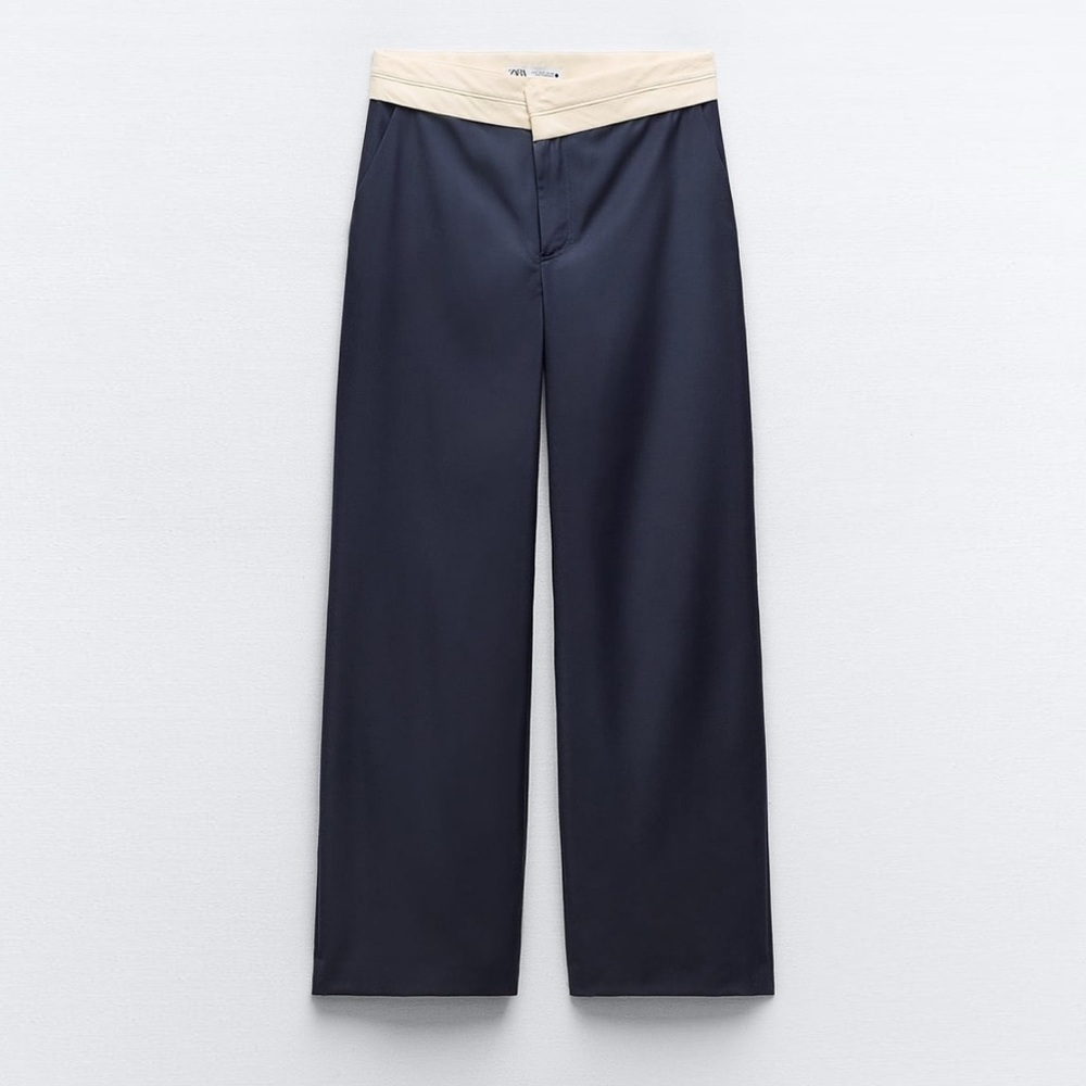 Zara Navy Wide-Leg Pants with Cream Waistband